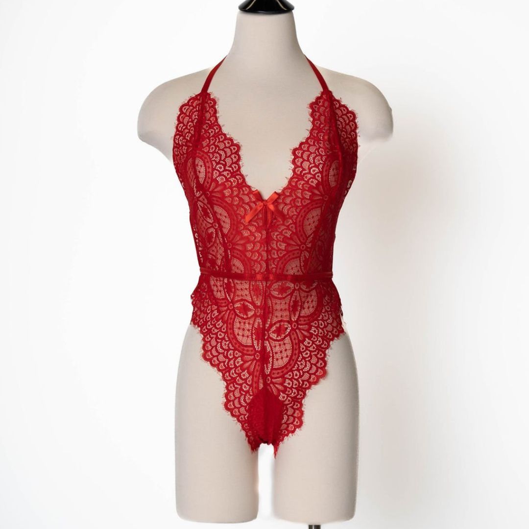 Red Lace Plunge Bodysuit